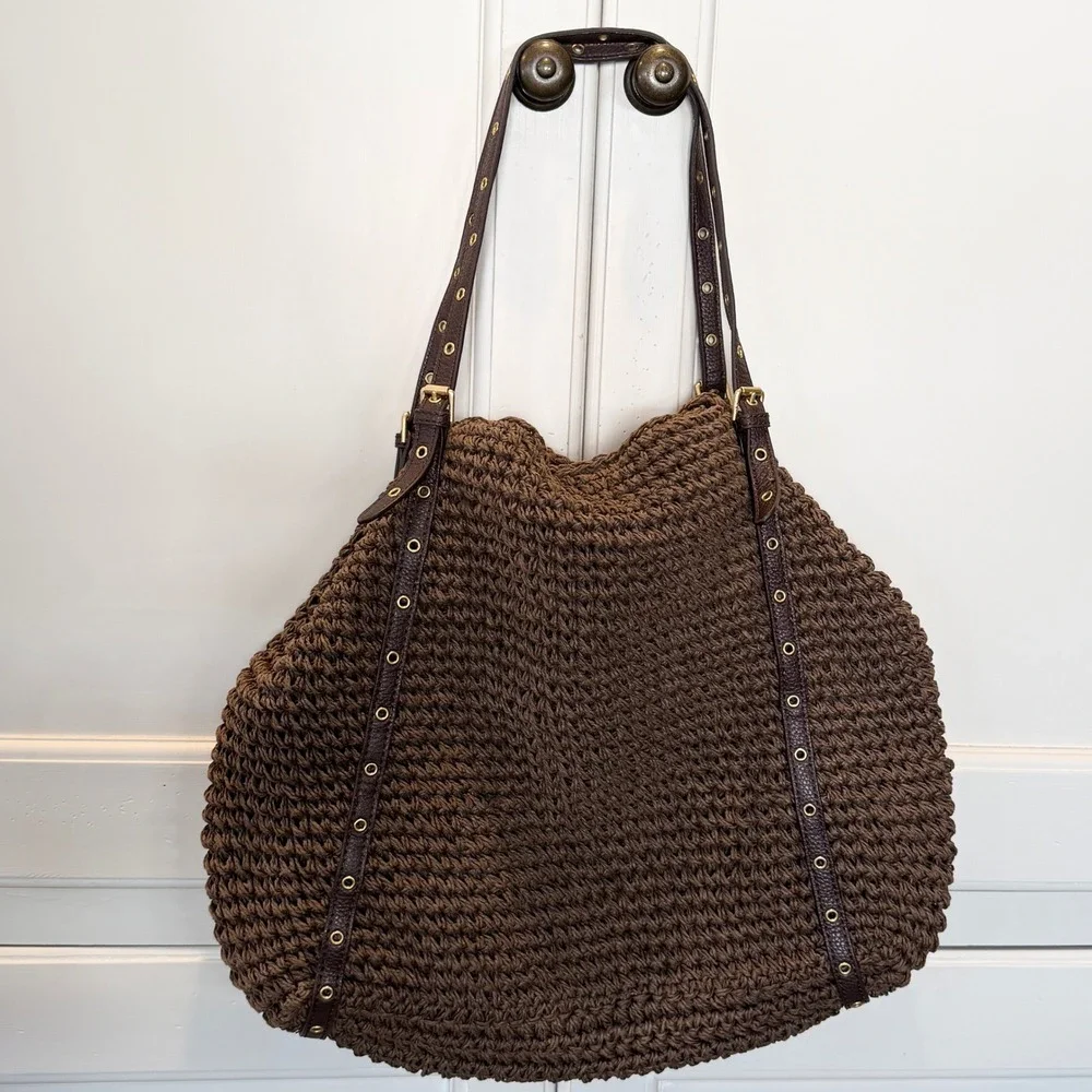 Lauren Ralph Lauren Brown Crochet Paper Straw Hobo Shoulder Bag Tote Large - Picture 2 of 13
